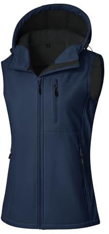 CMTOP Chaleco Mujer Softshell Impermeable, Forro Vellón Ligero Chaqueta sin Mangas, Antiviento Exteriores Capucha Chalecos con Bolsillos con Cremallera para Primavera Otoño(Azul marino,XL)