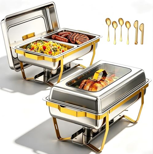 EffiQ-Rate Juego de 2 Calentadores de Platos con Ventana Transparente, 8.5L Rectangular Chafing Dish con Soporte Plegable, Calienta Alimentos de Acero Inoxidable para Fiestas y Eventos de Catering