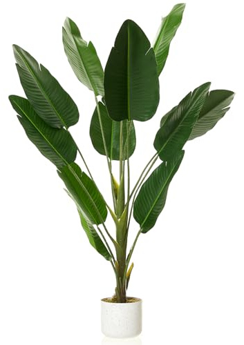 4Ft Artificial 's Palm Tree with Large Fan Shaped Leaves, 45 Faux Tropical Plant in Decorative White Pot, Indoor Outdoor Fake Floor Plant for Living Room, Front Porch, Entryway Decor
