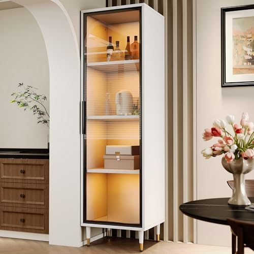 Ktipm Vitrina Expositora de Cristal con Iluminación LED y Estante, Vitrina Salon con 4 Patas, Vinoteca Vitrinas Expositoras para Estudio Salón y Comedor, Muebles de Salon, 40x40x170 cm, Blanco