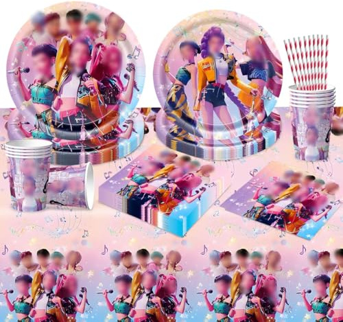 Vajilla para Fiesta de Cumpleaños, 61 Pzs Decoración Cumpleaños Dem0n, Juego de Vajilla Anime con Platos Taza Servilletas Pajitas Mantel, Party Vajilla Fiesta para Fans Niños (10 Invitados)