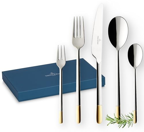 Villeroy & Boch - Ella Teilvergoldet Tafelbesteck Gold 30 teilig 6 Personen, Spülmaschinenfest, Rostfrei, Besteckset, Vergoldetes Besteck, Essbesteck, Edelstahl mit Blattgold-Applikationen