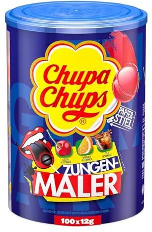 Chupa Chups Zungenmaler Lutscher-Dose, praktische Box mit 100 Lollis in den 3 Sorten Cola, Kirsch, Orange, zungenfärbende Lollipops, geeignet für Geburtstag, 100 x 12g