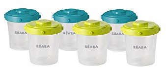 BÉABA - Set mit 6 Aufbewahrungsbecher für Babynahrung - Stapelbare und mit Clip zu befestigende Behälter - 100 % luftdicht mit Messskala - Gefriergeeignet - 6 x 200 ml - Gelb/Blue