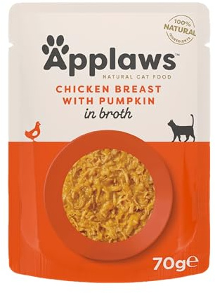 Applaws 100% Natural Aliment Humide pour Chats Adultes Poitrine de Poulet et Potiron au Bouillon - 12 pochons de 70 g