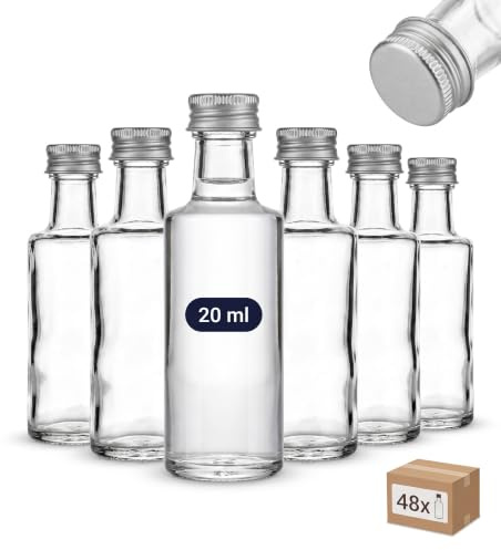 gouveo 48er Set Mini-Glasflaschen 20 ml (0,02 l) Glasflasche 20 ml Dorica Schraubverschluss silberfarben, Klarglas-Fläschchen zum Befüllen & Aufbewahren, für Likör, Öl, Essig, Deko (DFT020S)