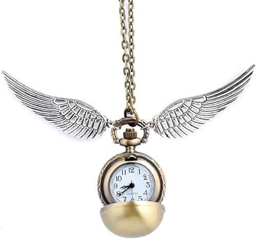 HS86 Goldene Kugel Goldener Ball Halskette mit Flügel Antike Bronze mit Uhr