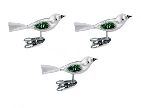 Christbaumschmuck Glas Vogel Set 3 Stück Silber/Grün H mundgeblasen Lauscha
