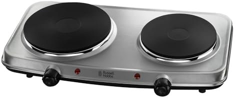Russell Hobbs Double Hot Plate Electric Stainless Steel Hob, 2 Cast Iron Plates, Large 1500W, Small 750W, Portable, Table top, Variable & Individual Temp Control, Easy to Clean, 15199