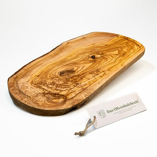 DAS OLIVENHOLZBRETT®Schneidebrett mit Saftrille/Naturschnitt/ca.30cm x 15cm | Servierbrett aus Olivenholz/Steakbrett / Olivenholzbrett mit Saftrille/perfekt zum Grillen geeignet!