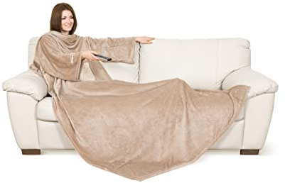 Kanguru Coperta con maniche Beige, soffice plaid in pile, Microfibra, con tasca centrale, 210x140cm, regalo donna compleanno, amica, Hoodie per divano, letto, relax, Natale, vestaglia invernale