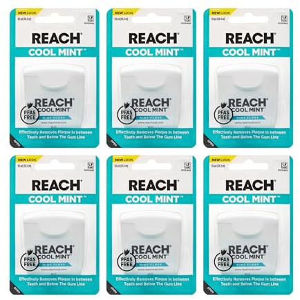REACH Cool Mint Dental Floss, Fresh Mint, Plaque Remover for Teeth, Shred Resistant, Waxed, Easy on Gums & Teeth, Fresh Breath, Oral Care, PFAS Free, for Adults & Kids, 6 Pack, 55 yd