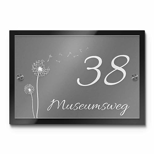 Moderne Hausnummern/Namensschild in edle Milchglasoptik - Größe 26x18 cm | gute Lesbarkeit dank Schwarzer Hintergrundplatte und Abstandshaltern