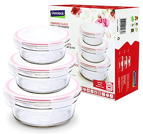 Glasslock GL- 531: 1 x 450 ML, 1 x 850 ML, 1 x 1480 ML; Redondos – Recipiente hermético de Cristal – Para el Horno, Cristal, Rosa, 19.5 x 19.5 x 9 cm