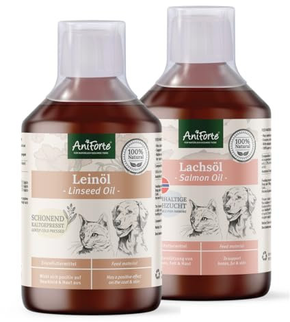 AniForte Barf-Öl Set 2 mit je 500ml Leinöl & Lachsöl für Hunde & Katzen– Naturprodukte ohne Zusätze, 100% reine Futteröle für Fell & Haut oder als nährstoffreicher Barf Zusatz, Barf Öl mit Omega 3 & 6