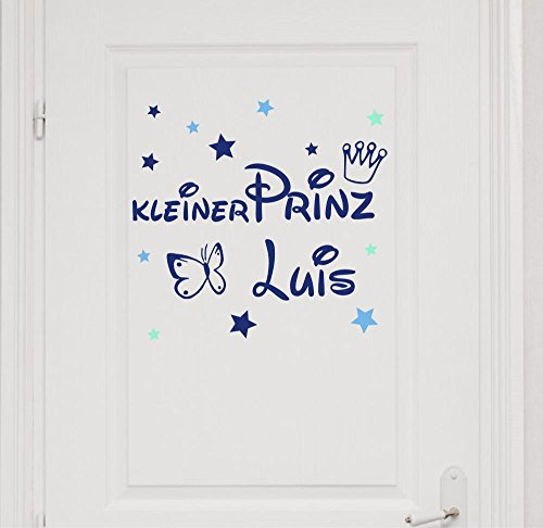 Wandtattoo Türaufkleber mit Namen, ~Kleiner Prinz mit Schmetterling ~ 73008-58cm-tricolore-blau, mit bunten Sternen fürs Jungenzimmer, Kinderzimmer Jungen, Wandaufkleber Wandtatoos Sticker Aufkleber für die Wand, Tapetensticker, Tattoo aus Markenfolie, Namensaufkleber mit Wunschname, in 32 Farben wählbar