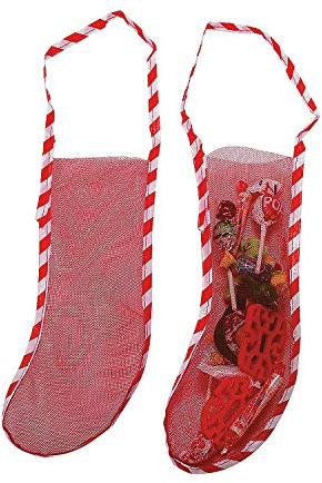 Fun Express Mini Christmas Stockings Bulk 10 Pack - Red Mesh Holiday Stockings for Kids Classroom Party Favors | Small 12 Inch Plastic Goody Bags for Candy & Treats | Christmas Party Decor Supplies