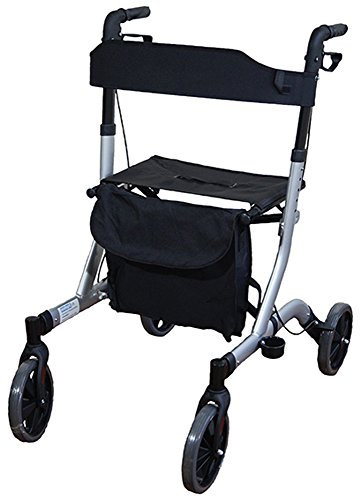Aidapt Deluxe Grey Folding Light Weight 4 Wheeled Rollator Mobility Aid with Seat, Carry Bag, Lockable Brakes, Walking Stick Holder and Puncture Proof TYRES for Indoor and Outdoor use