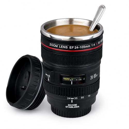 LUPO Camera Lens Mug with Lid, Realistic Zoom Lens Coffee Cup