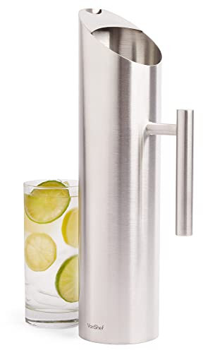VonShef Stainless Steel Water Pitcher, 1.7L Silver Water Jug with Handle & Ice Guard, 3 Pint Carafe for Fridge, Ideal for Milk, Juice, Iced Tea, Pimms (Stainless Steel)