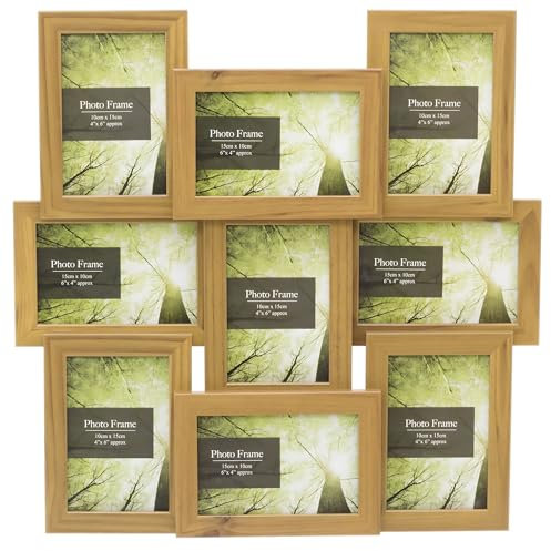 9 Multi Aperture Layered Photo Frame 6x4 | Wall Mounted Wooden Effect 4x6 Picture Frame | Photo Collage Display Family Frames