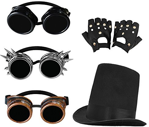 Accessoires style steampunk avec un long chapeau haut de forme + une paire de lunettes marrons + une paire de gants pour adulte. Idéal pour les enterrements de vie de garçon ou de jeune fille.