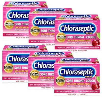 Chloraseptic Sore Throat Lozenges + Cough, Wild Cherry, 15 ct (Pack of 6)