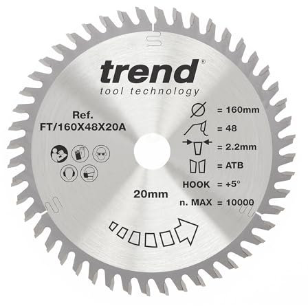 Trend Professional TCT-Sägeblatt Feinschnitt, 160 mm Durchmesser x 48 Zähne x 20 mm Bohrung, Wolframkarbidspitze, FT/160X48X20A