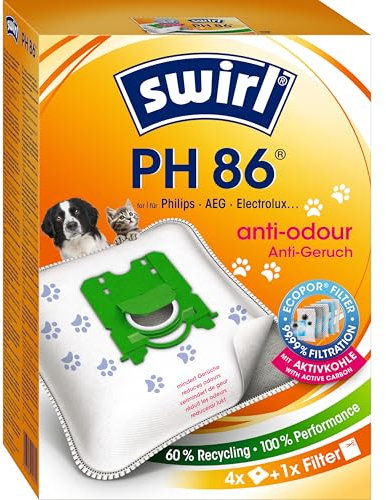 Swirl PH 86 EcoPor Anti-Geruch Staubsaugerbeutel (4 Beutel), reißfeste Staubbeutel für einige AEG, Dirt Devil, Electrolux & Philips Staubsauger, mit Geruchsfilter, 99,9 % Filterung von Hausstaub