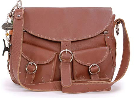 Catwalk Collection Handbags - Damen Leder Umhängetasche - Crossbody Bag Handtasche Groß - Für Notizbuch A5 - Verstellbarer Gurt - Courier