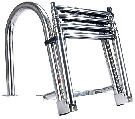 Amarine Made Boat Ladder 4 Steps Removable Premium Stainless Folding Rear Entry Pontoon Boat Ladder w/Extra Wide Step