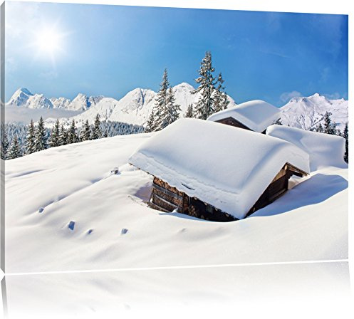 Pixxprint Verschneite Berghütten in den Alpen, Größe: 100x70cm, Leinwandbild, fertig gespannt, Wandbild, Dekoration, Kunstdruck, kein Poster