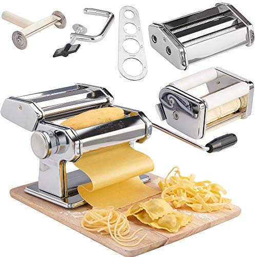 VonShef Manual Pasta Machine, Professional Stainless Steel Pasta Maker with Three Adjustable Crank Rollers & Nine Thickness Settings, Includes Secure Clamp, Pasta Cutter & Spaghetti Measurer