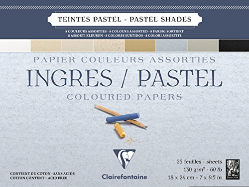 Clairefontaine - Ref 96486C - Ingres pastellfärg limmad dyna (25 ark) - 18 x 24 cm storlek, bomullsinnehåll, syrafri, 130 gsm papper - blandade pastellfärger