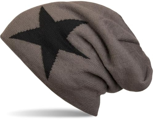 styleBREAKER warme Klassische Strick Beanie Mütze mit Stern und sehr weichem Innenfutter, Unisex 04024026, Farbe:Dunkelgrau