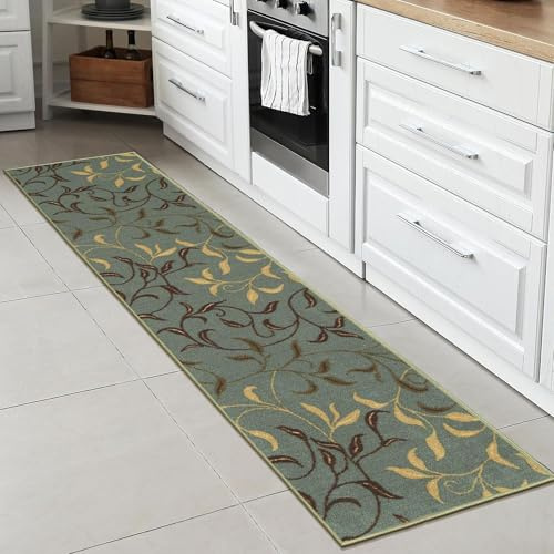 Ottomanson Tapis de Couloir Collection Ottohome dos en Caoutchouc Motif feuilles Style Contemporain 57 cm x 210 cm Vert écume