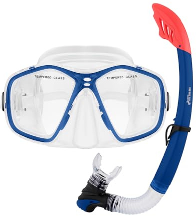 Two Bare Feet Adult PVC Snorkel & Mask Set – Anti-Fog Tempered Glass Diving Mask with Adjustable Snorkel for Snorkelling, Swimming & Scuba Diving (Blue)