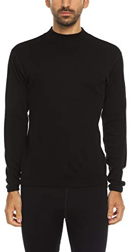 100% Merino Wool Men's Midweight Mock Neck - Base Layer Top - Warm Under Shirt - Black - Medium