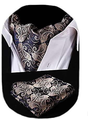 HISDERN Cravatta Uomo Ascot Floreale Paisley Cravatta E Fazzoletto Da Taschino Set Di Cravatte Fazzoletto Jacquard Per Matrimonio Festa Elegante,Blu Marino/OroTaglia unica