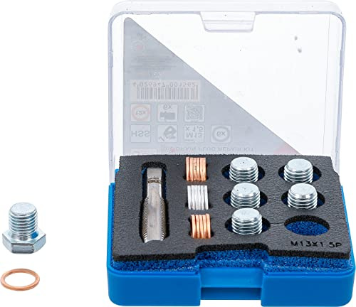 BGS 156 | Reparatursatz für Öl-Ablass-Gewinde | M13 x 1,5 mm | Gewindebohrer HSS-G | 6 Ersatzschrauben | 12 Kupfer-Dichtringe | 6 Aluminium-Dichtringe | SW 17 mm