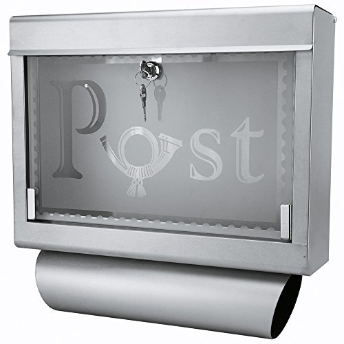 Grafner Design Edelstahl Briefkasten mit Glasfront und Zeitungsfach, Silber, abschließbar – 2 Schlüssel inkl., Moderne eckige Ausführung, einfacher Anbau, inkl. Montagematerial Wandbriefkasten