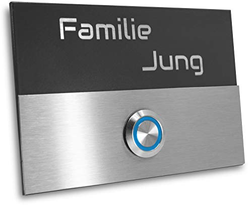 Jung Edelstahl Design - Edelstahl Türklingel Liverpool Aufputz oder Unterputz - 12X8 cm mit LED Drucktaster - Klingel aus V2A Edelstahl anthrazit pulverbeschichtet - Haustürklingel Gravur (LED blau)