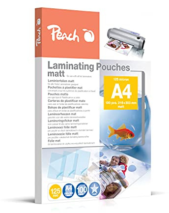 Peach Pellicole per laminazione A4-125 mic, 100 pouches, opache, scrivibili, qualità premium per i migliori risultati di laminazione, compatibili con dispositivi di tutte le marche - S-PP525-22