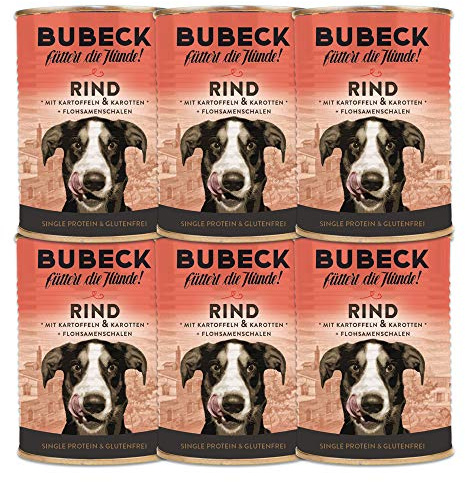 Bubeck Manzo, 6 x 400 g, cibo umido per cani adulti, manzo con patate e carota, raffinato con olio di girasole e preziosi gusci di semi di psillio