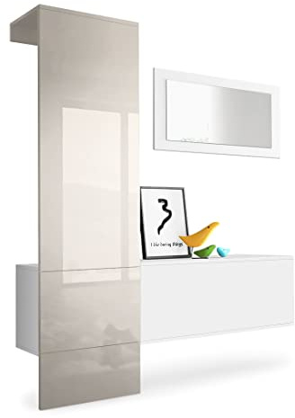 Vladon Garderobe Carlton Set 4, Made in Germany, Garderobenset bestehend aus 1 Garderobenpaneel, 1 Schrankmodul und 1 Wandspiegel, Weiß matt/Sandgrau Hochglanz (156 x 193 x 35 cm)