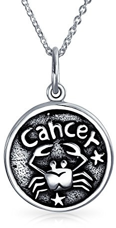 Bling Jewelry Cancer Zodiac Sign Astrology Horoscope Round Medallion Pendant For Men Women Necklace Antiqued Sterling Silver