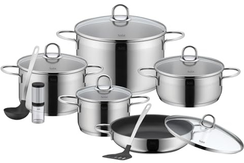 Silit Diamant Topfset 9-teilig, mit Glasdeckel, Servierpfanne, Küchenhelfer, Mühle, Edelstahl poliert, Töpfe Set unbeschichtet
