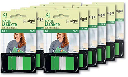 SIGEL Haftmarker Spender Grün 12er Pack 50 Streifen | HN493/12, 12 Spender mit je 50 Streifen im Format 25 x 43 mm