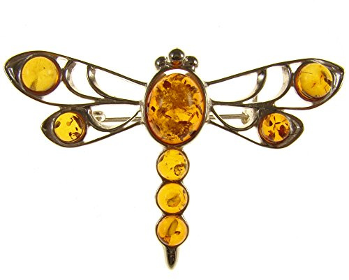BALTIC AMBER AND STERLING SILVER 925 DESIGNER COGNAC DRAGONFLY BROOCH PIN JEWELLERY JEWELRY