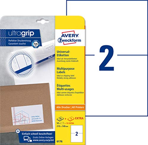 AVERY Zweckform 6176 Universal Etiketten (50 plus 10 Klebeetiketten extra, 210x148mm auf A4, bedruckbare Versandetiketten, selbstklebende Versandaufkleber mit ultragrip, DHL) 30 Blatt, weiß